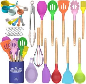 Chef Kitchen Cooking Utensils Set, 33 pcs Non-Stick Silicone Cooking Kitchen Utensils Spatula Set with Holder (Color: Coloful)